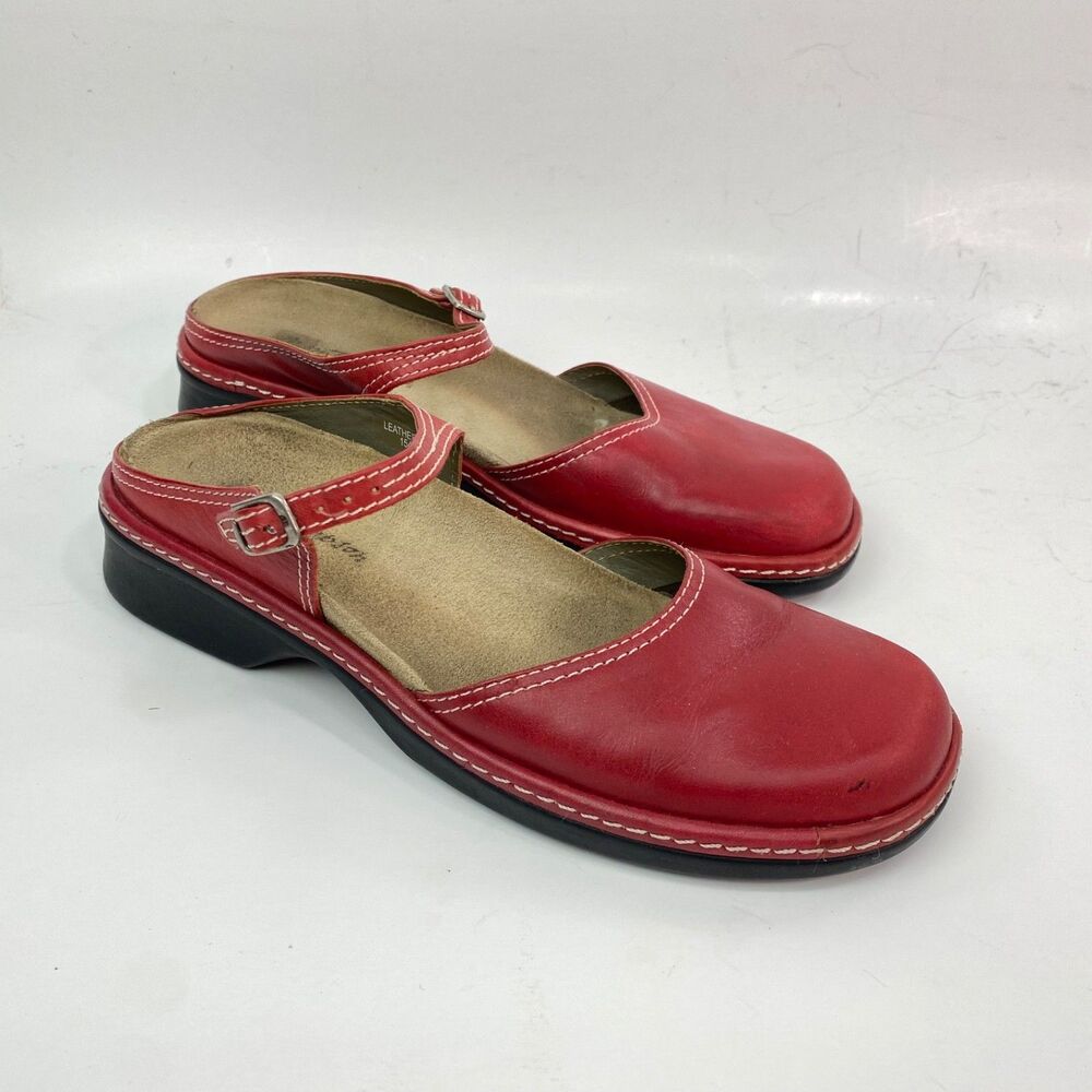 Norm Thompson Leather Red Mary Jane Mules 7.5M Preppy Career Minimalist Boho
